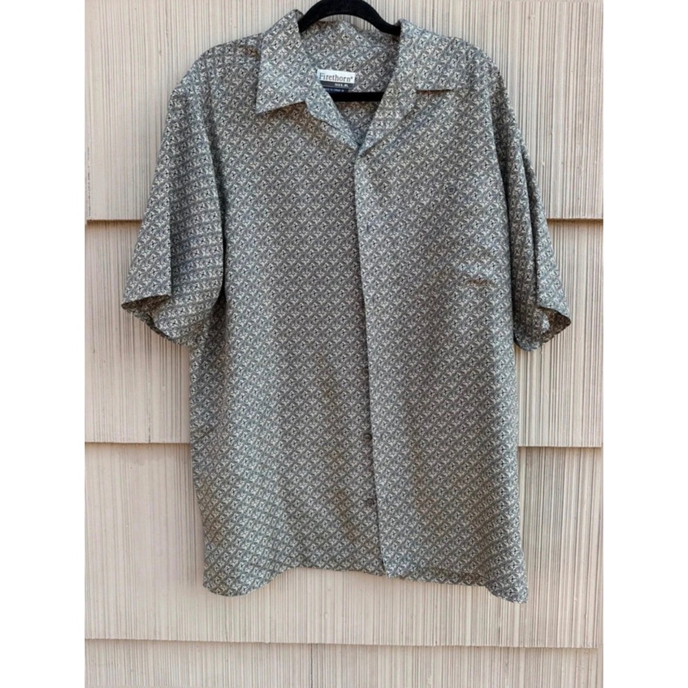 Firethorn Mens Silk Shirt Short Sleeve Button Down Geometric Print Gray Medium